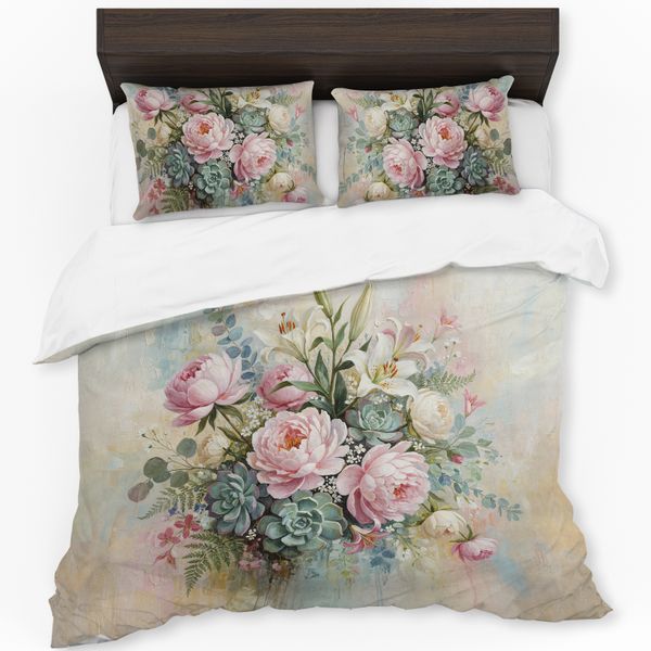 Pink Painted Peony &amp; Succulents Duvet Cover Set