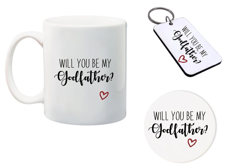 Will you be my Godfather Mug, Glass Coaster and Matching keyring gift Combo
