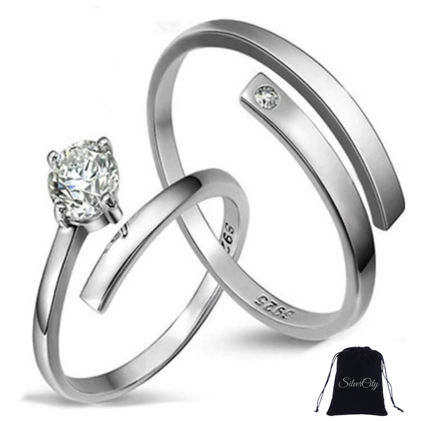 Silver Plated 2pcs Wedding Rings For Couples 4 Prong Zircon Setting