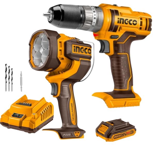 Ingco - Cordless Impact Drill and Work Lamp with 2.0Ah Battery and Charger