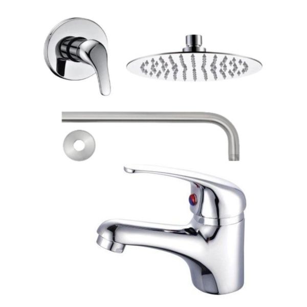Bathroom Essentials Sliver round Shower Head &amp; Single Lever Sink Tap Sy