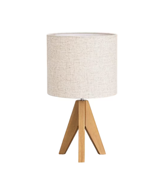 Bedside Lamp With Vintage Wooden Tripod Base And Linen Shade