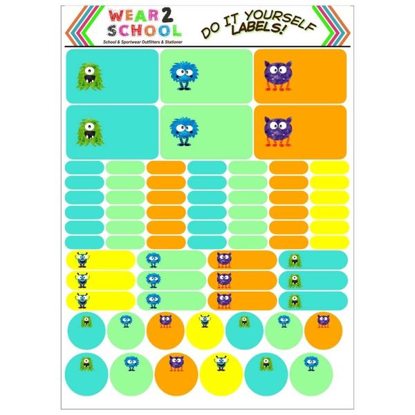 Monster DIY waterproof school labels in assorted sizes