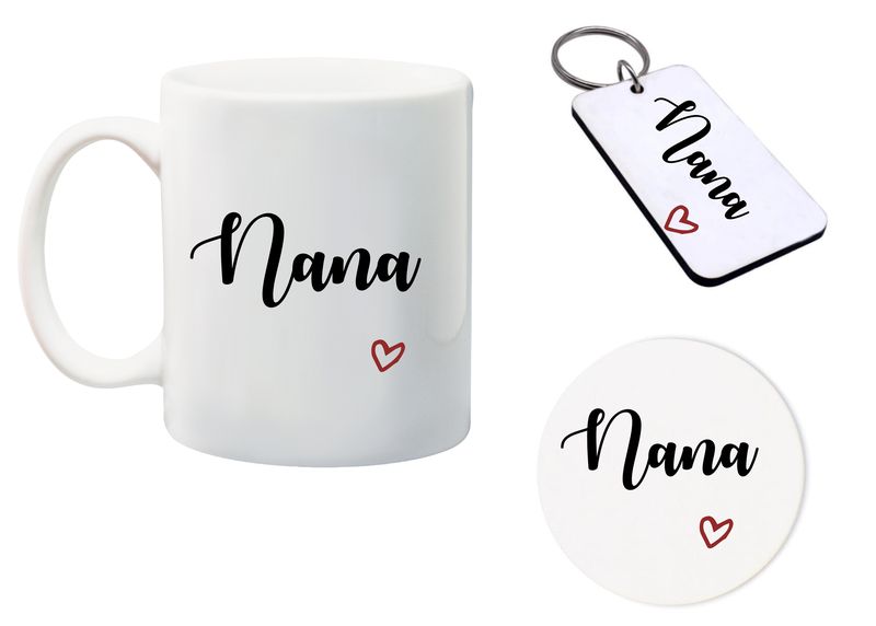 Nana Mug, Glass Coaster and Matching keyring gift Combo
