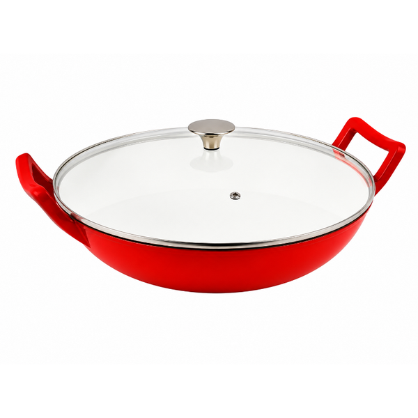 Enamel-Coated Cast Iron Wok Pan with Side Handles - Red