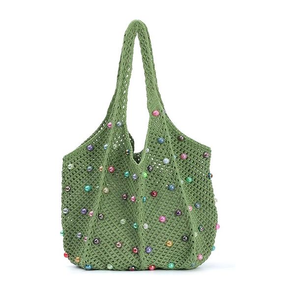 Summer Knit Boho Crochet Beach Tote Shoulder Bag with Colored Bead Handbag
