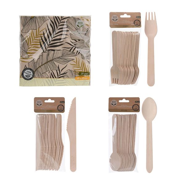 Birchwood Disposable Tableware Cutlery Party Set with Leaf Serviettes