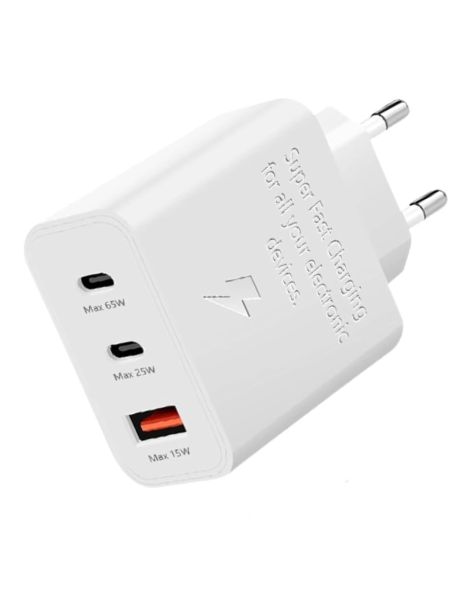 65W USB-C Power Adapter with 3 Ports (2× Type-C + 1× USB)