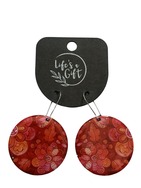 Earrings Round - Red &amp; Light Orange Flowers on Red