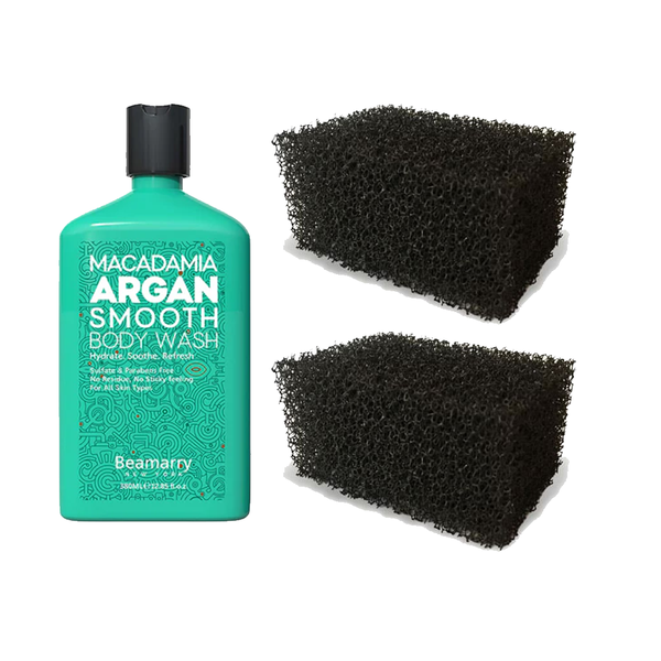Macadamia Argan Body Wash &amp; Double Black Sponges Set