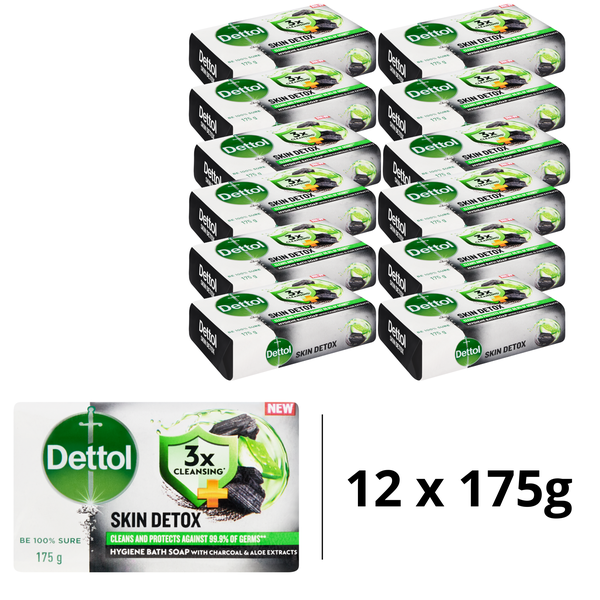 Dettol 12 x 175g Skin Detox, Bar Soap, With Charcoal &amp; Aloe Extracts