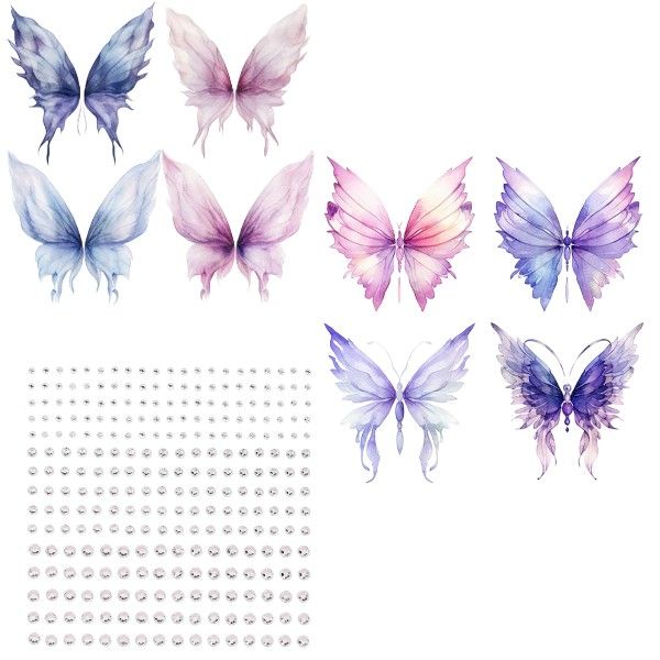 3Piece - Sparkling Butterfly Temporary Tattoos With Rhinestones -Pink &amp; Purple