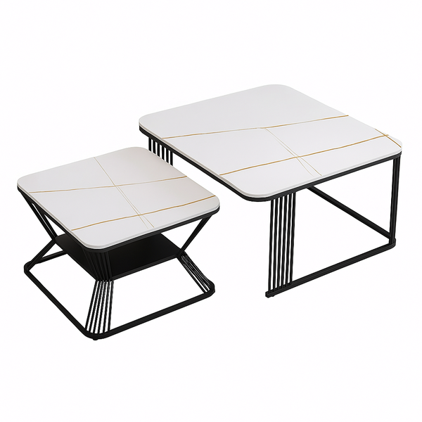 Modern Square Nesting Coffee Table Set - Rock Plate &amp; Steel Frame