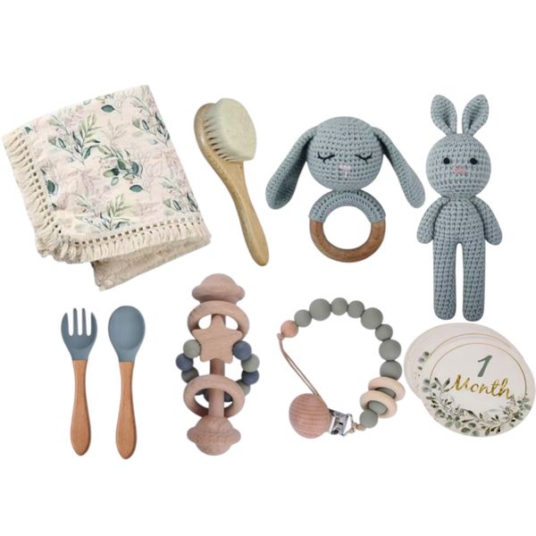 Crochet Rabbit Baby Gift Set 9 Piece Green Blue
