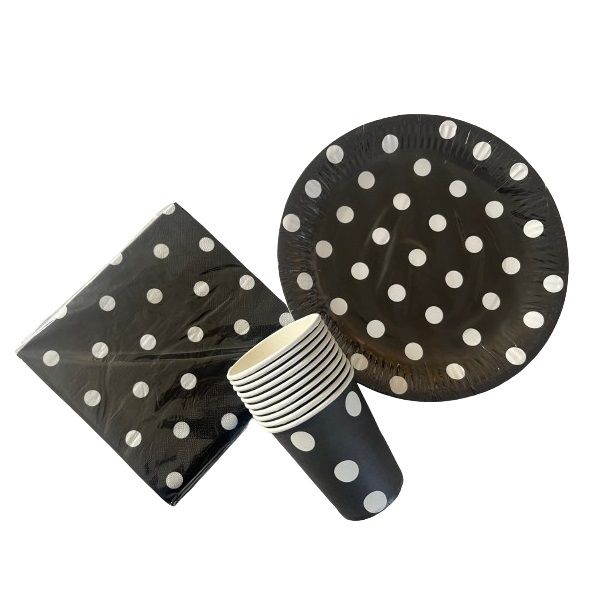Polka Dot Theme Paper Party Cups, Plates &amp; Serviettes - Party Pack for 10