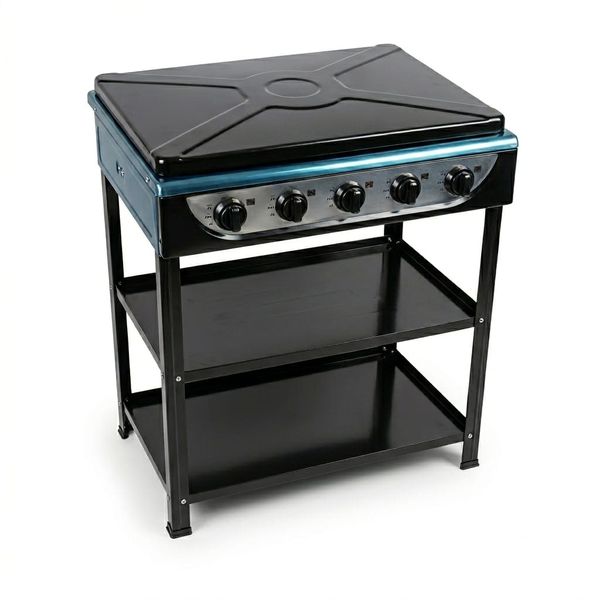 5 Burner Gas Stove with 2 Tier Storage Stand &amp; Protective Lid Metallic Blue