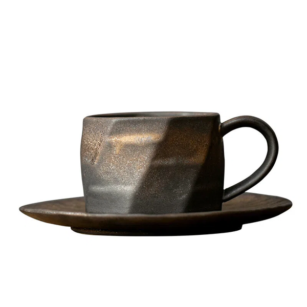 Handmade Wabi-Sabi Ceramic Coffee Cup &amp; Saucer Set - 220ml Retro Stoneware