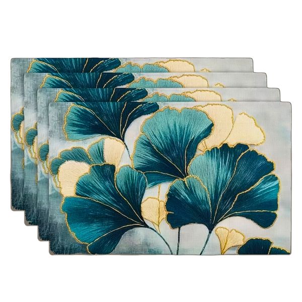 Fabric Table Mats Woven Polyester 43 x 30 cm Blue Ginkgo Biloba leaf Design