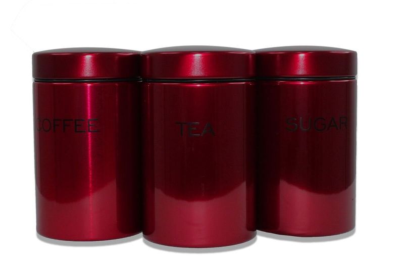 Canister Set 3 Piece Metallic Tea/Coffee/Sugar Kitchen Essentials - Red