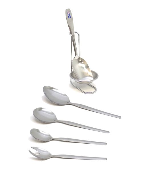 Elegant 5 Piece Serving Spoon Set Stainless + Spoon Rest - Combo