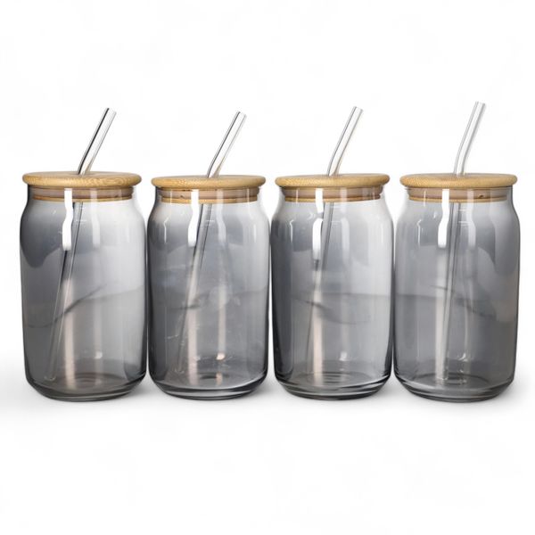 Black Cocktail Drinking Glasses with Bamboo Lids and Glass Straw - Set of 4