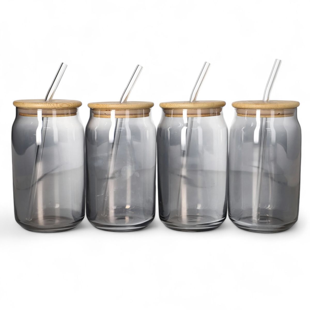 Black Cocktail Drinking Glasses with Bamboo Lids and Glass Straw Set