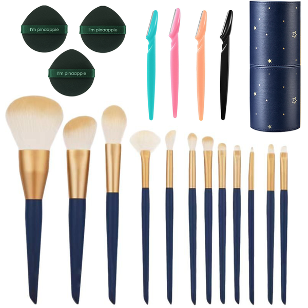 12 Pieces Makeup Brushes Set with 4 Eyebrow Razors &amp; 3 Make-up Puff Sponges