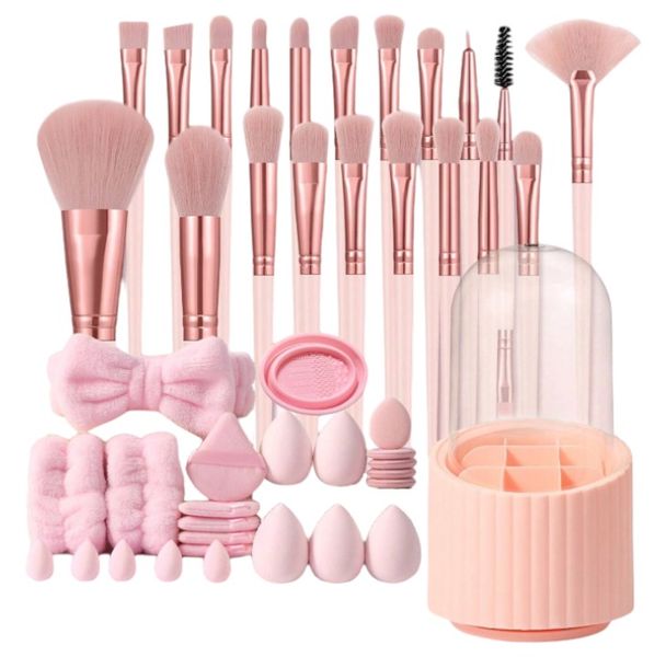 45 Piece Makeup Brush and Beauty Blender Set With Storage Bucket - Pink