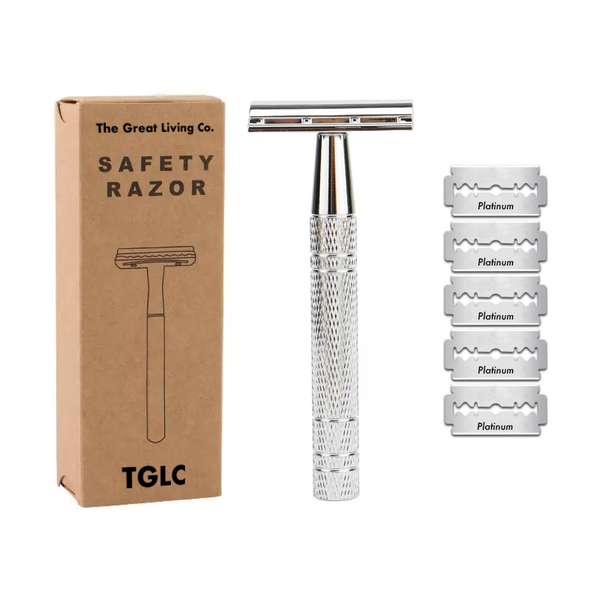 Premium Double Edge Safety Shaving Razor &amp; 5 Platinum Coated Blades-Silver