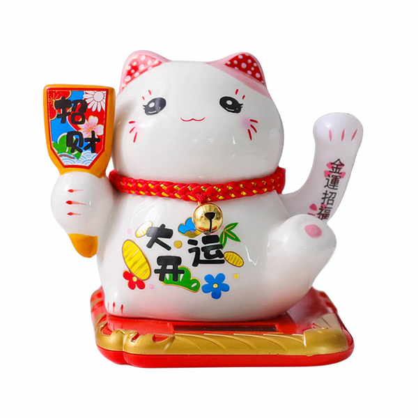 Lucky Money Ceramic Cat Solar Powered Waving Arm Fortune Cat - Board Hold