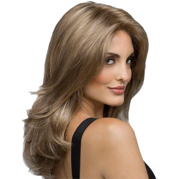 Elegant layered wavy long hair wig, natural light golden brown gradient