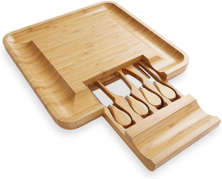 Bamboo Cheese Board with Cutlery Set &amp; Drawer