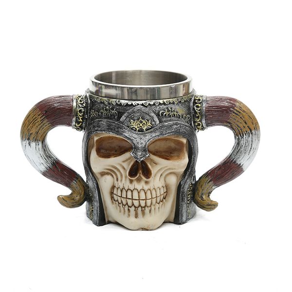 3D Stainless Steel Ram Horned Knight Skull Coffee Cup Beer Mug