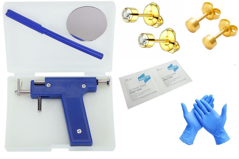 Full Ear Piercing Kit/Nose/Body/Navel 24kt Gold Plated LightRuby Colour Gem