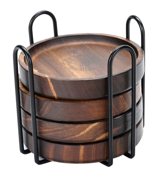 Wooden Coasters for Drinks Natural Wood Drink Coasters Set with Holder - Set of 5