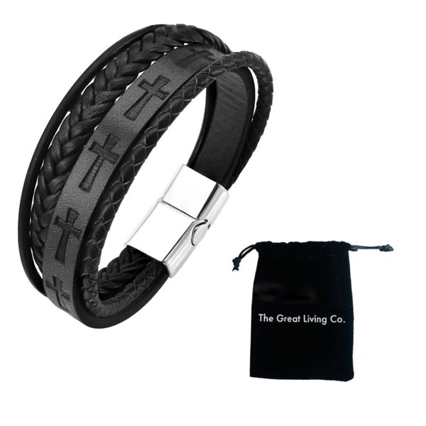 Mens Bracelet Multilayer Braided with Magnetic Clasp in Lux Gift Bag-Cross