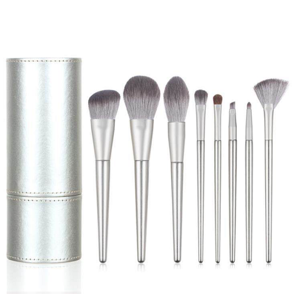 8 Piece Silver Makeup Brush Set With Holder