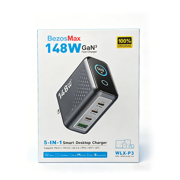 BezosMax 148W GaN Fast Charger with 4 Port Hub &amp; Visual Smart Touch Control