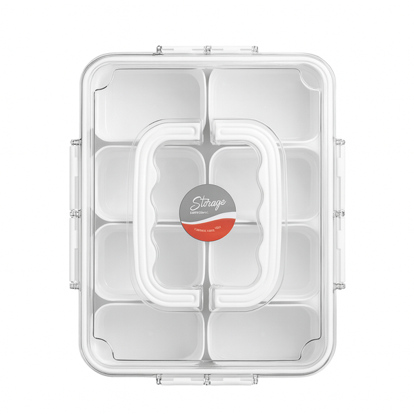 Clear Snackle Box Serving Tray with Lid, Handle and 8 Compartments