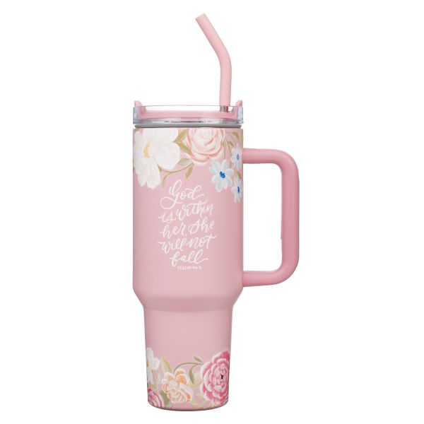 Large Travel Mug with Handle and Straw - God Is Within Her, Pink