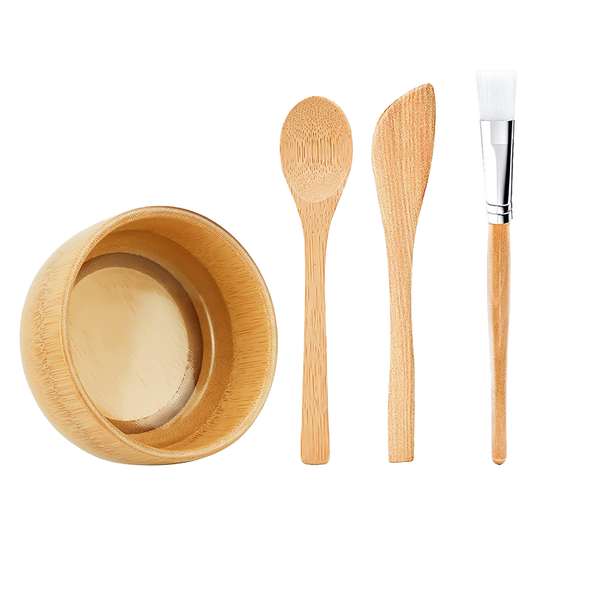 4 Pieces Bamboo Facial Mask Tool Set Mixing Bowl Brushes &amp; Spatula Spoon