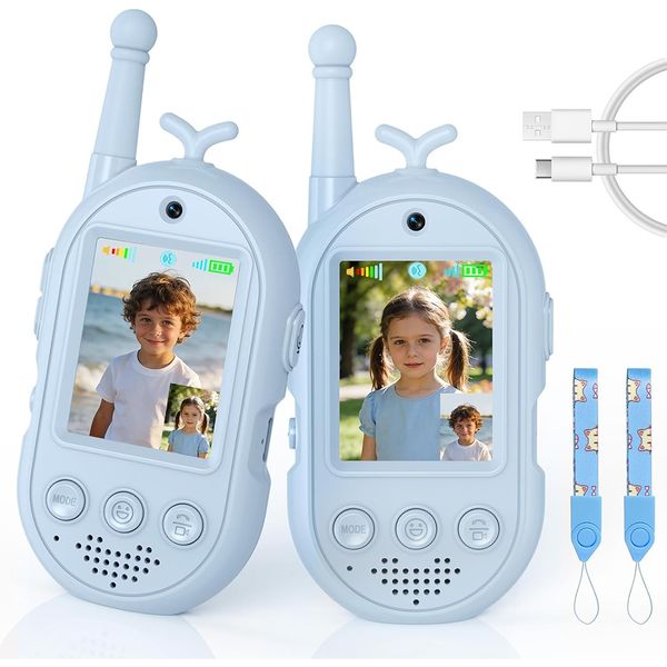 Kids Blue Video Walkie Talkies 2 Pack, Rechargeable with Camera