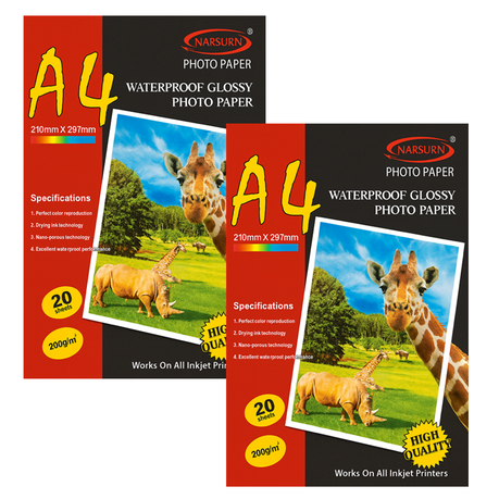Pack of 2 - 40 Sheets A4 Waterproof Glossy Inkjet Photo Paper 200gsm Image