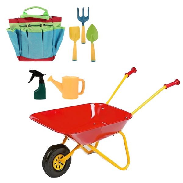 Toy Garden 6 Piece Kids Children Gardening Play Tools Set &amp; Red Wheelbarrow