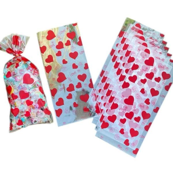 5 Pack Transparent Red Heart LOVE Printed Gift Packets with Golden Ties