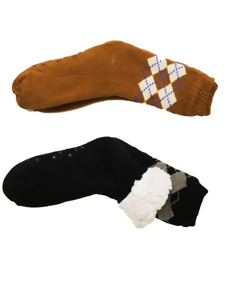 Men Winter Thermal Fleece Lining Knit Non Slip Socks Black &amp; Brown 2 Pack