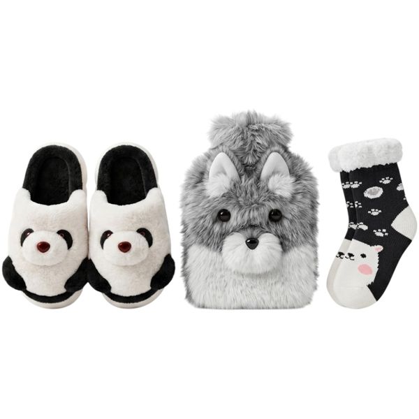 5 Piece Kids Gift Fluffy Panda Slipper&amp;Puppy Hot Water Bottle&amp;Winter Socks