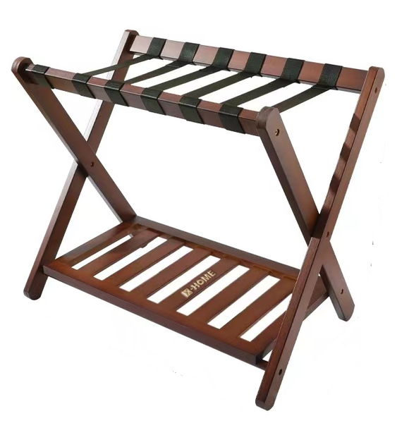 X-Home Foldable Bamboo Luggage Rack with Storage Shelf 6 Heavy Duty Straps