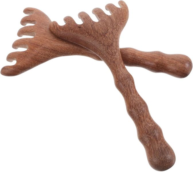 2pcs Wooden Head Massager Comb Antler-Shaped Five-Prong Gua Sha Tool