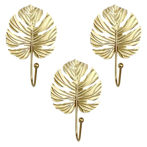 Decor Golden Metallic Artistic Leaf Wall Hanging Hooks Set of 3 (12cm)